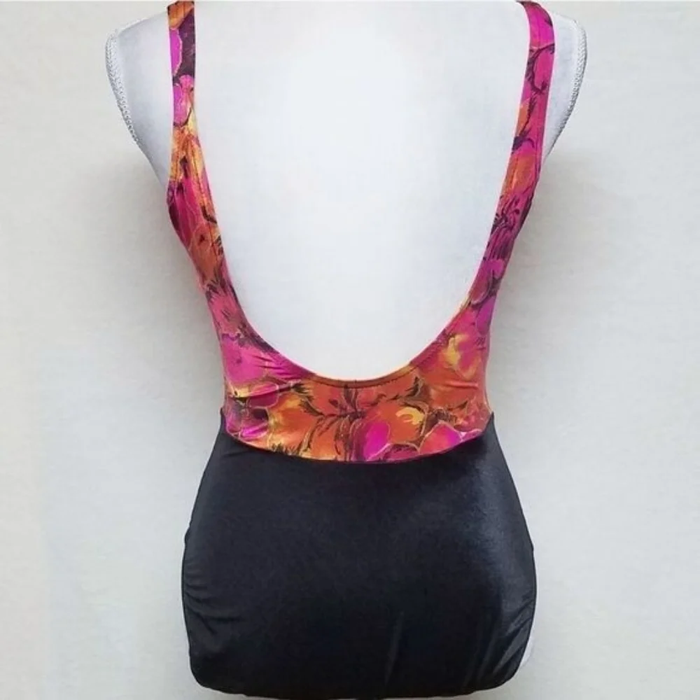 Jantzen Vintage Gold Foil Floral Black Colorblock Backless One-piece Swimsuit 12